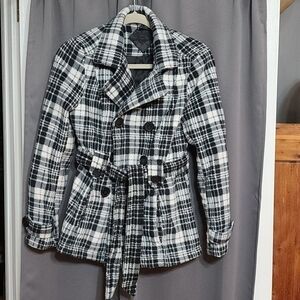 Joujou Womens Coat Black White Flannel Feel Plaid Belted Pockets Sz M EUC
